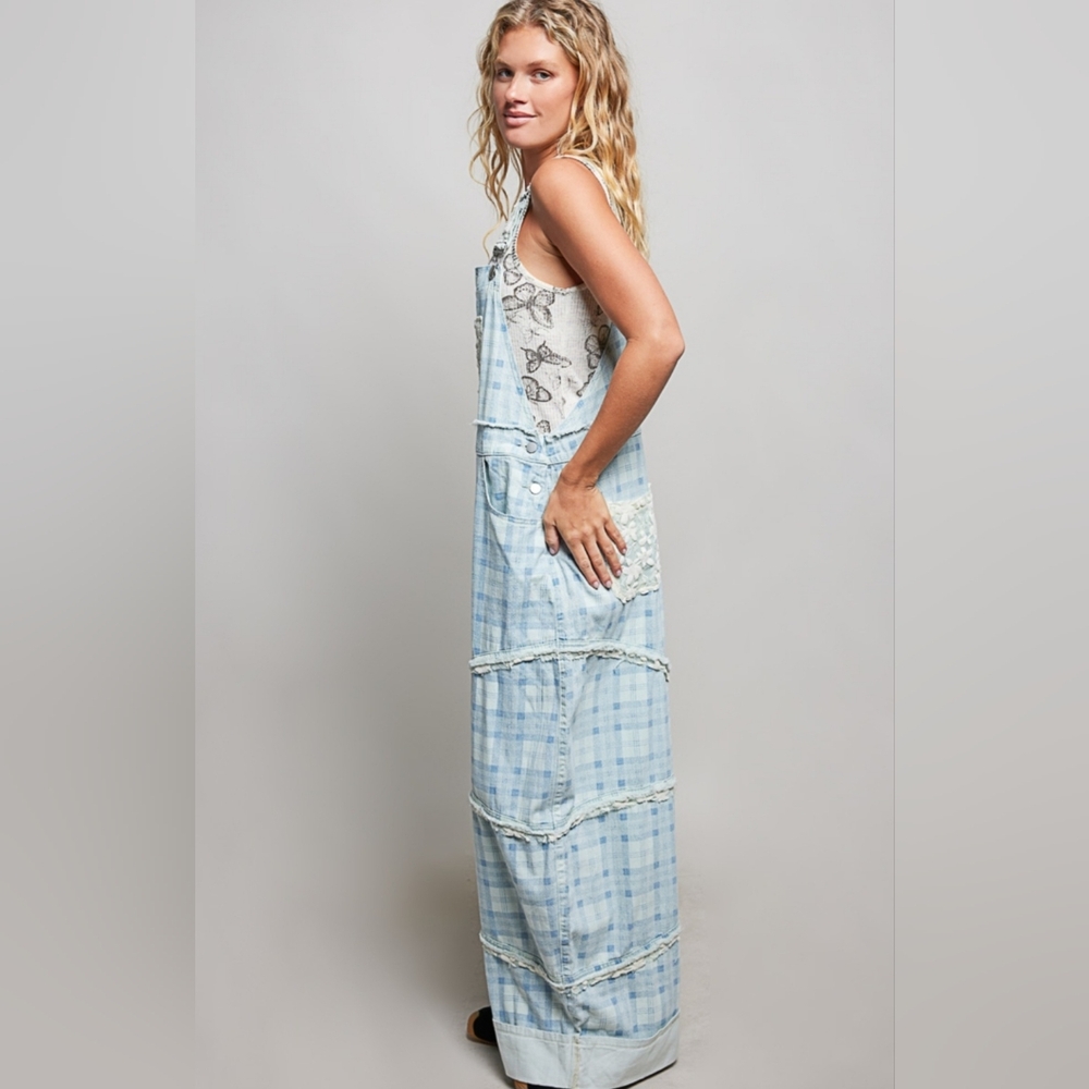 POL Light Blue Plaid Women Jeans Overalls - Picture 4 of 6